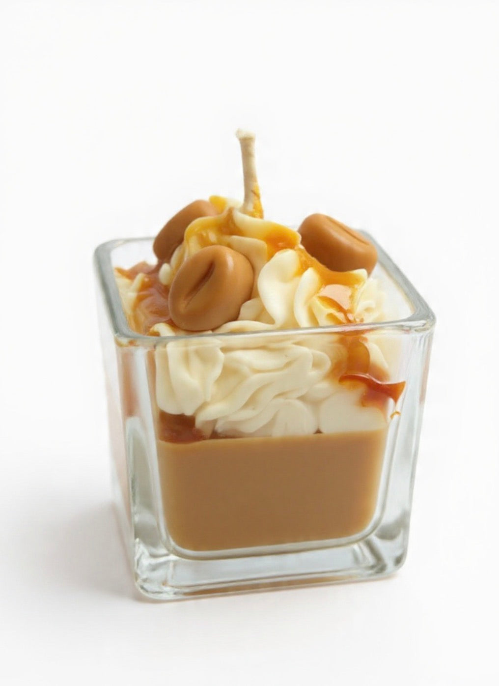 Salted Caramel Dessert Candle on linen surface