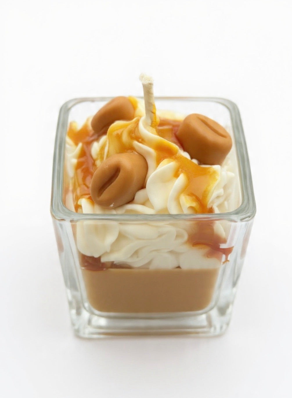 Salted Caramel Dessert Candle with caramel candy embeds in glass jar