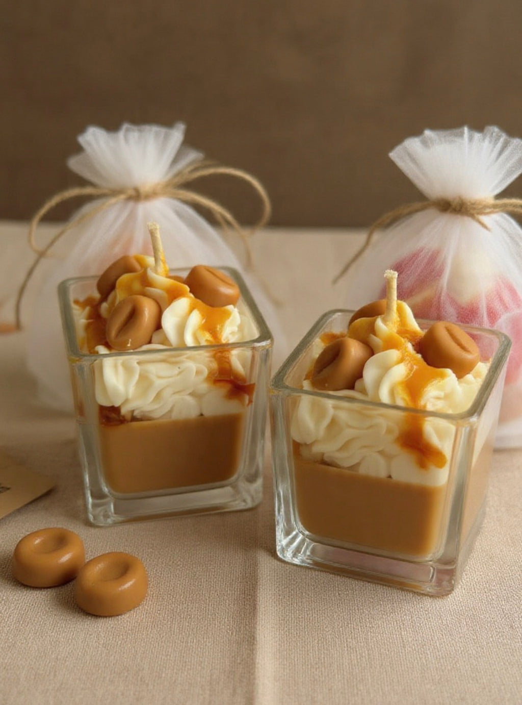 Salted Caramel Dessert Candle side view on white background