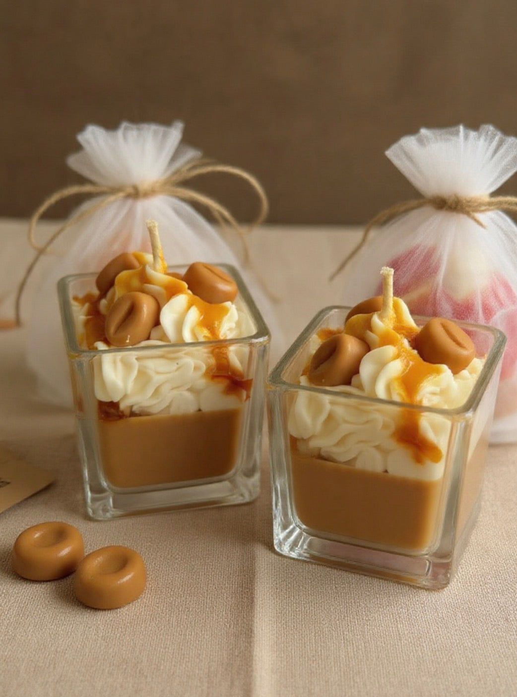 Salted Caramel Dessert Candle side view on white background