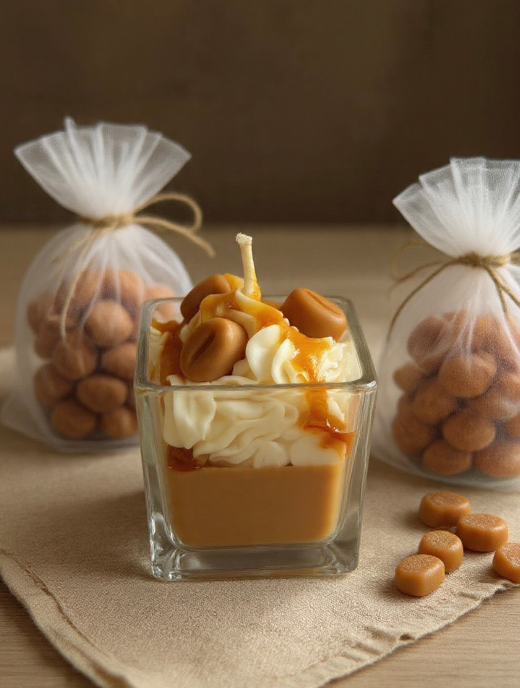 Salted Caramel Dessert Candle close-up on white background