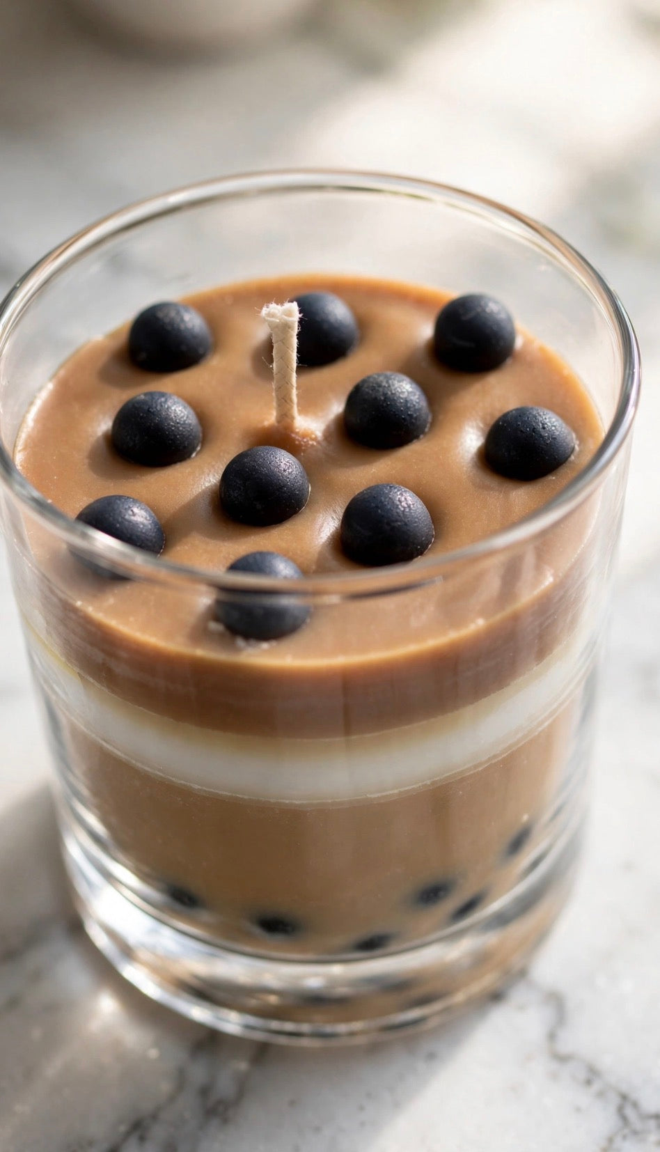Boba Milk Tea Candle side view showing layered milk tea design